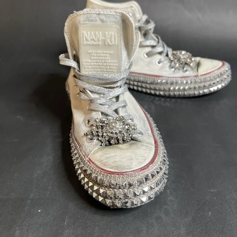 Nan-ku Couture White Jewel Studded Hi Top Sneakers Size 9.5 Tasseled Medallion - Picture 9 of 15